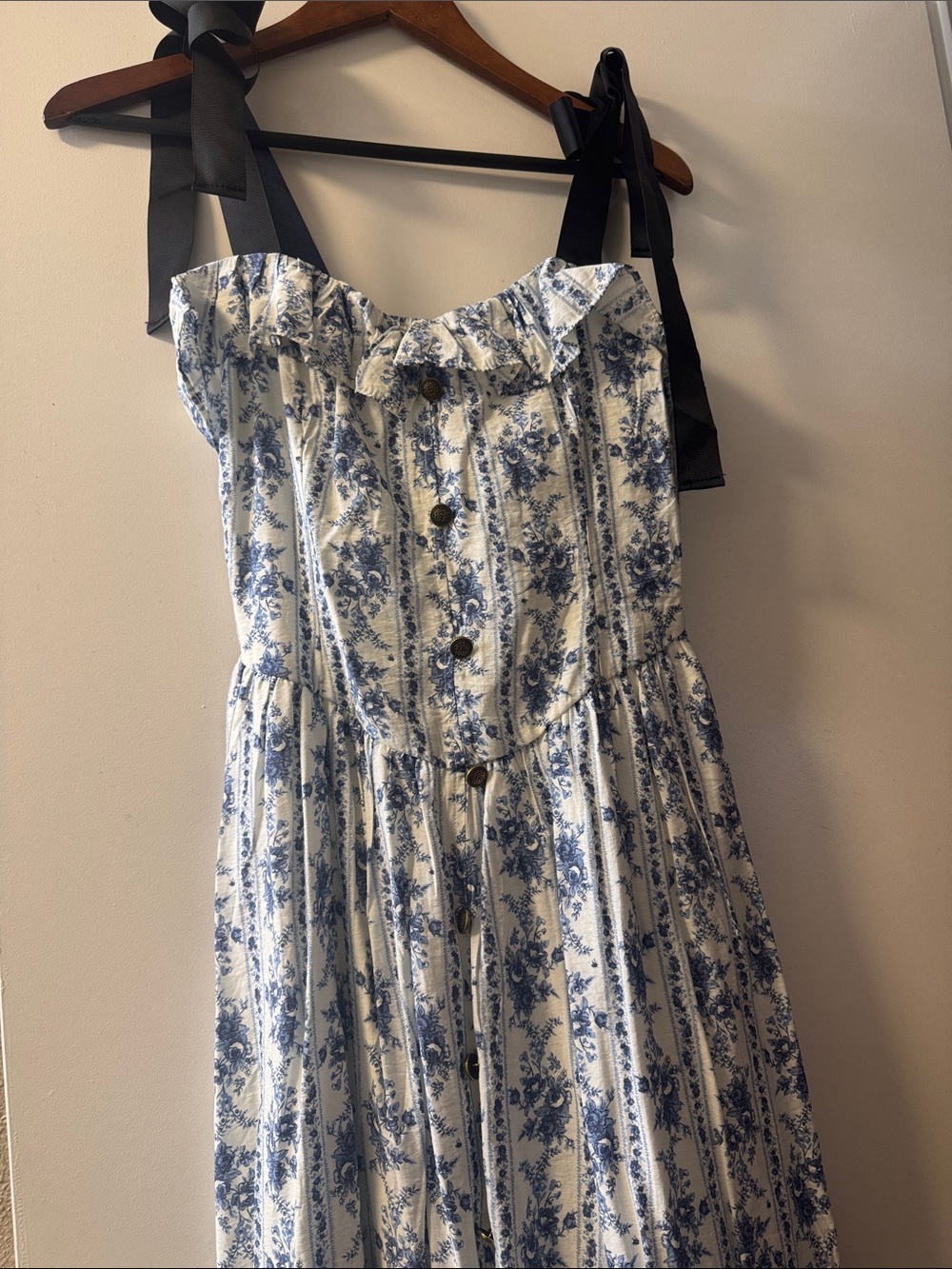 Girls Blue Floral Button-Front Summer Dress with Ruffle